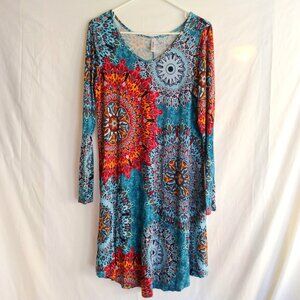 Dearcase Teal Mandala Print Swing Dress Plus XL Boho Festival Art-To-Wear Retro
